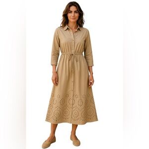 Sweet Magnolia Tan Long Sleeve Cotton Shirt Dress Cutout Hem On Bottom Sz L NWT